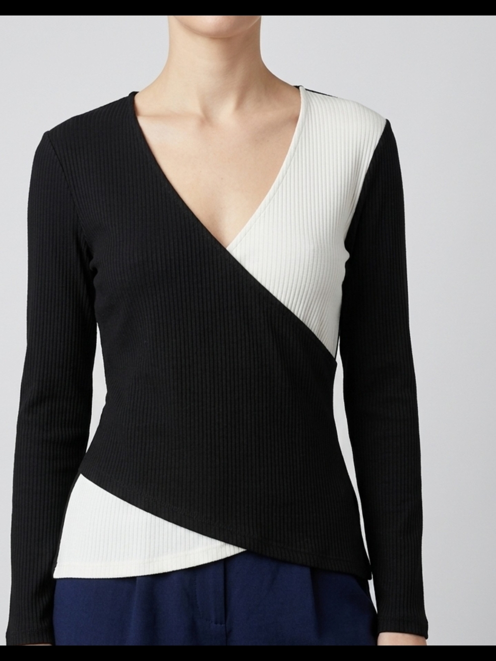 INC International Concepts Black and White Ribbed Wrap-Style Blouse